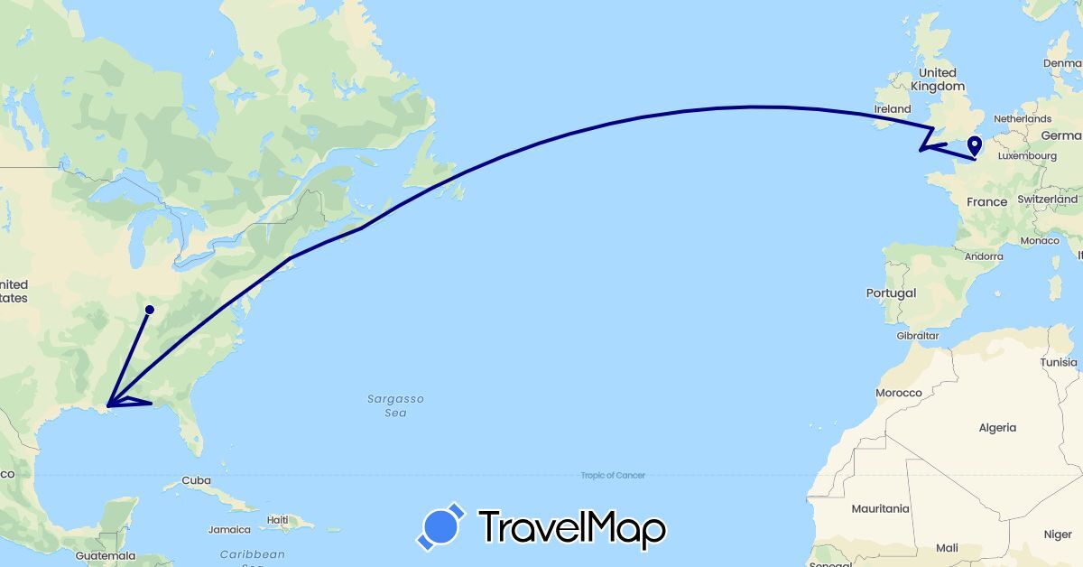 TravelMap itinerary: driving in Canada, France, United Kingdom, United States (Europe, North America)